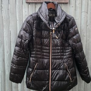 Karl Lagerfeld Paris Black Puffer Jacket Quilted Zip Coat Gold Hardware - Medium